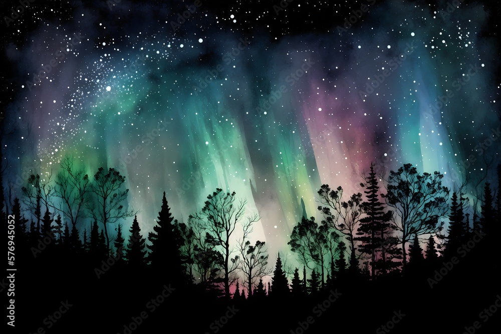 Night Starry Sky with Aurora and Forest Silhouette - Watercolor Horizontally Seamless Illustration