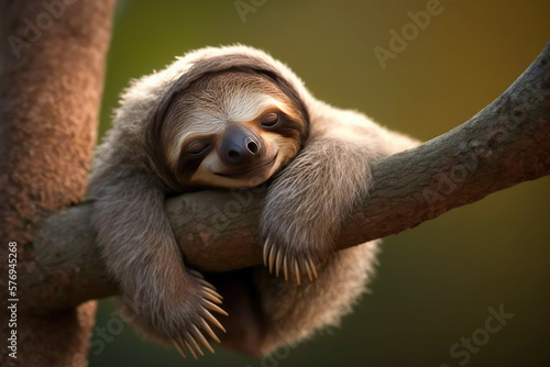sleepy sloth hanging from a tree branch with a silly , ai generated