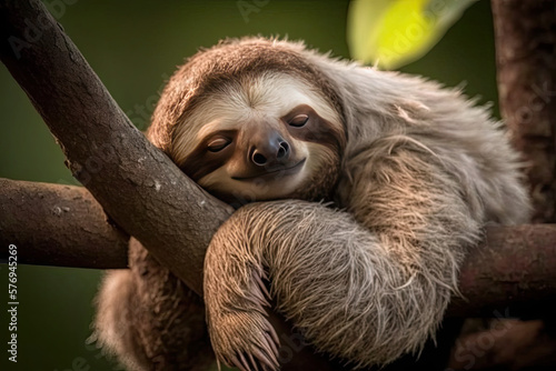 sleepy sloth hanging from a tree branch with a silly , ai generated