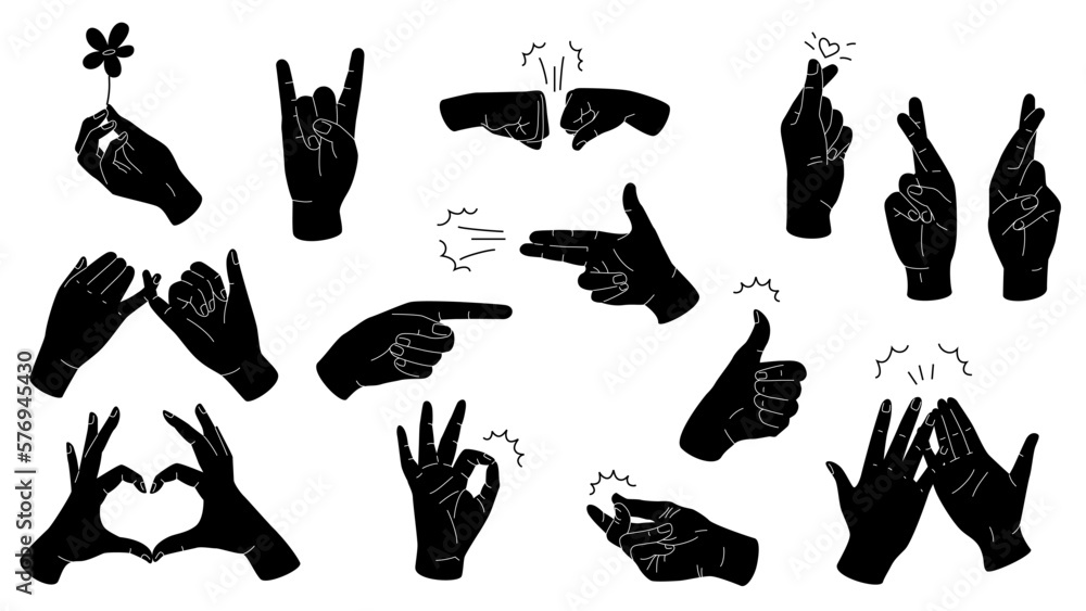  Hand Gestures Black Silhouettes