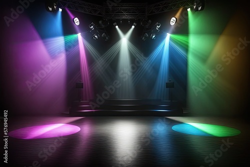 Spotlights illuminate an empty, dark stage. Improv, improvised, stand up, cabaret, nightclub. Generative AI photo