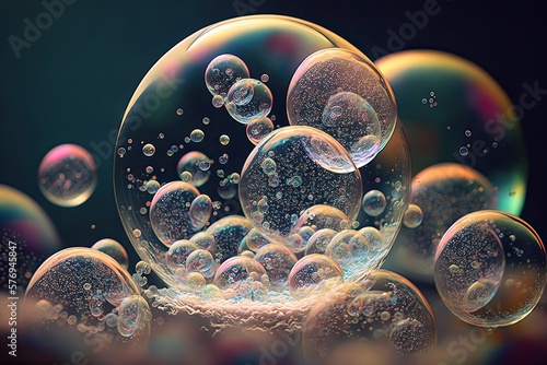 Shiny bubbles close up illustration with black background, generative ai