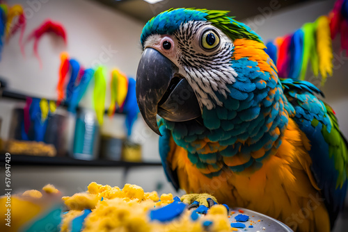 Parrot bird with a cake, holiday. Pet birthday concept. Generative AI photo