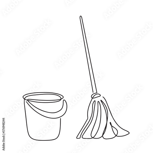 Mop and bucket, cleaning contour icons. Vector illustration with one line. Isolated icon suitable for web pages, infographics, interface and applications