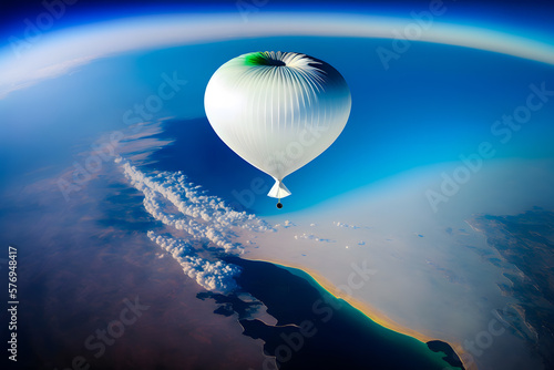 Weather balloon in the air at the border of the troposphere and stratosphere flies over the land by the ocean and clouds, tracking the weather change for scientific research. Generative AI