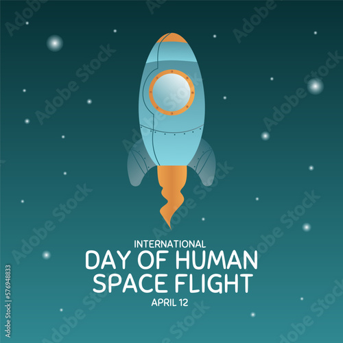 International day human space flight. 12 April Cosmonautics Day banner with rocket. Horizontal web banner.