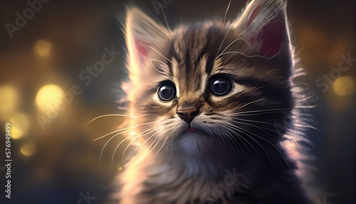 The image features a close-up of a sweet and adorable kitten face, with its big eyes and tiny nose taking center stage. The background is blurred with bokeh, creating a soft and dreamy effect. © icehawk33