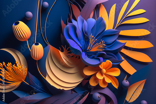 Arrière plan floral en relief 3d, avec fleurs, et feuilles - Générative IA photo
