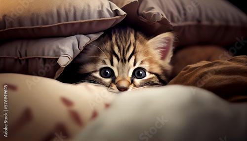 The image features a cute tabby kitten peeking out from behind a pillow with a playful expression on its face. The kitten's bright eyes are wide with curiosity and its ears are perked up.