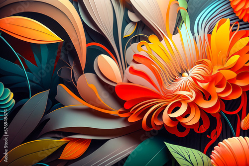 Arrière plan floral en relief 3d, avec fleurs, et feuilles - Générative IA photo
