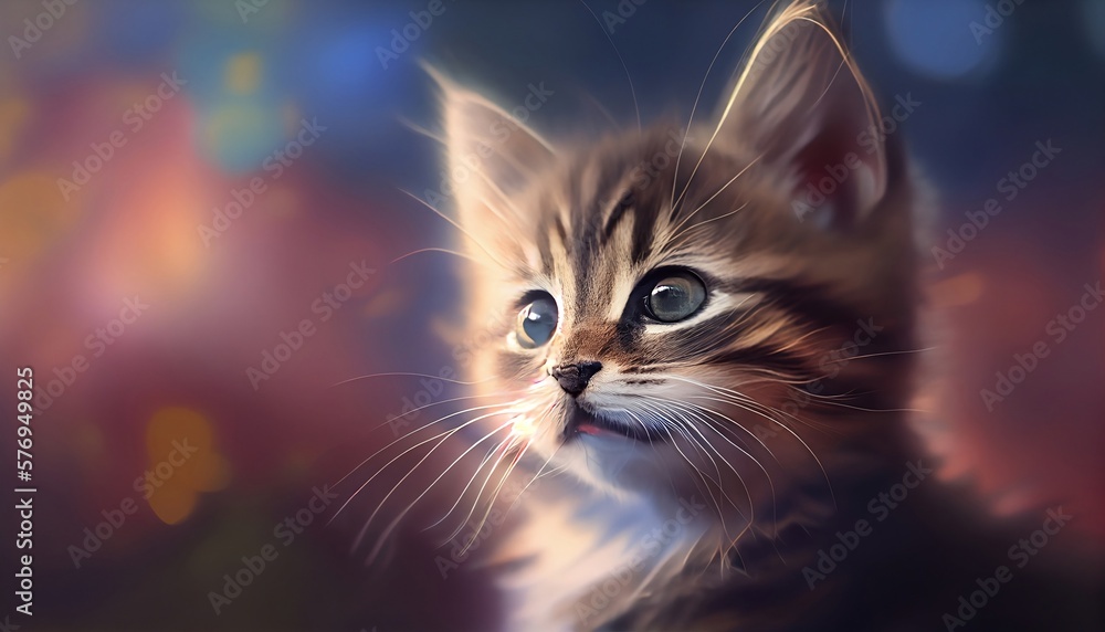 The image features a close-up of a sweet and adorable kitten face, with its big eyes and tiny nose taking center stage. The background is blurred with bokeh, creating a soft and dreamy effect.