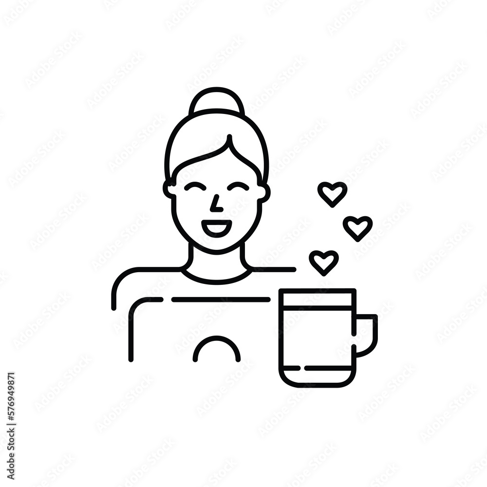 Smiling girl working at her laptop with a coffee mug. Home office remote job. Pixel perfect, editable stroke icon Smiling girl working at her laptop with a coffee mug. Home office remote job. Pixel perfect, editable stroke icon