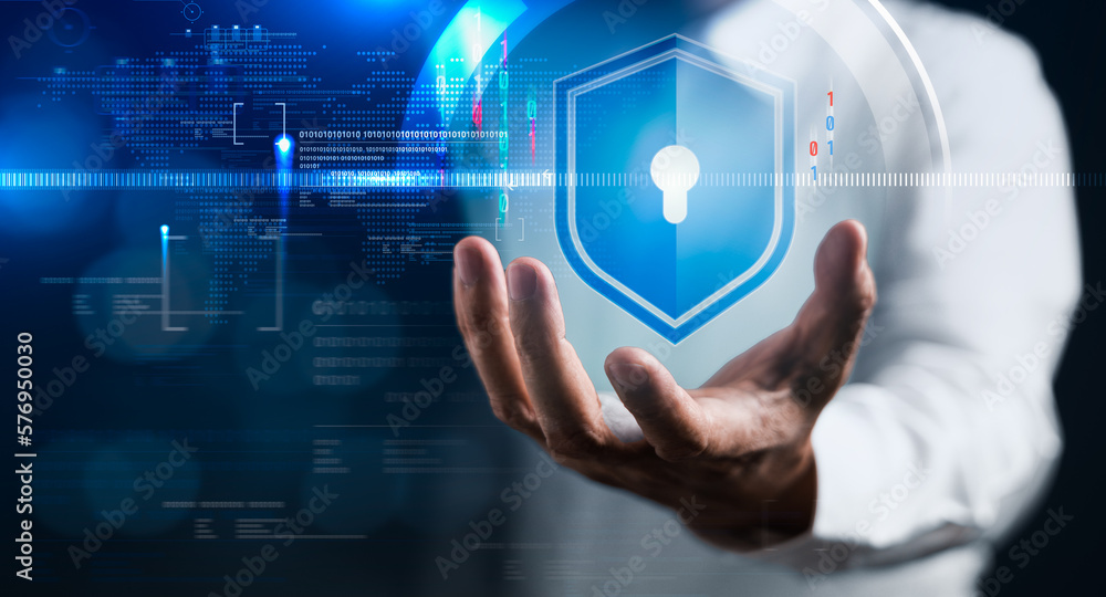Businessman use privacy to access the cyberspace with security shield lock to preventing data Businessman use privacy to access the cyberspace with security shield lock to preventing data