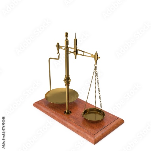 Gold brass Antique balance Scale isolated on white background. 3d render illustration