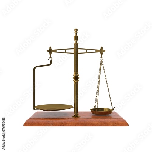 Gold brass Antique balance Scale isolated on white background. 3d render illustration