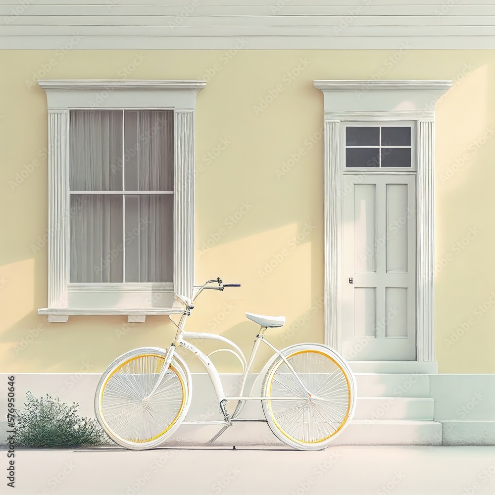 A bicycle with vibrant yellow wheels standing next to the light yellow wall of the house on a sunny day. Photorealistic illustration, Generative AI