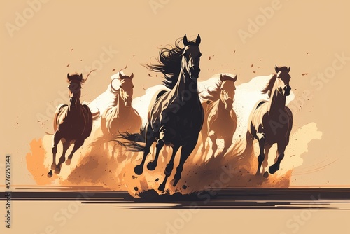 A group of horses running through the dust. Generative AI