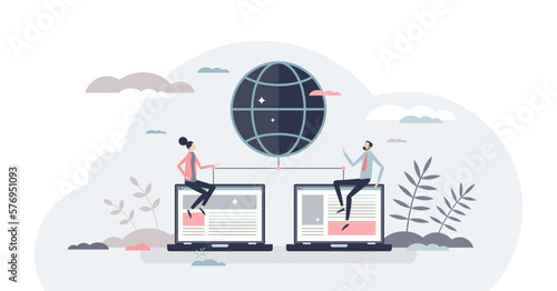 Web network and data hosting for social media connection tiny person concept, transparent background. User communication using internet cyberspace illustration. Shared big data information.