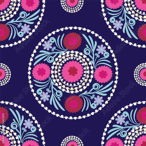 Seamless suzani pattern - traditional carpet pattern, traditional art in Central Asia, used in the Home decor and fashion industry. Suzane. Embroidery textile product. 
