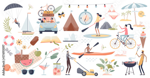 Summer set with hot weather or holiday season elements tiny person collection set, transparent background. Beach vacation and outdoor activities isolated items.