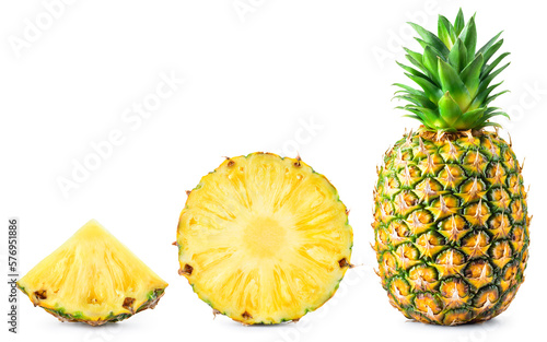 Pineapple isolated. Pineapple set on white background. Whole pineapple, round slice and triangle piece collection.