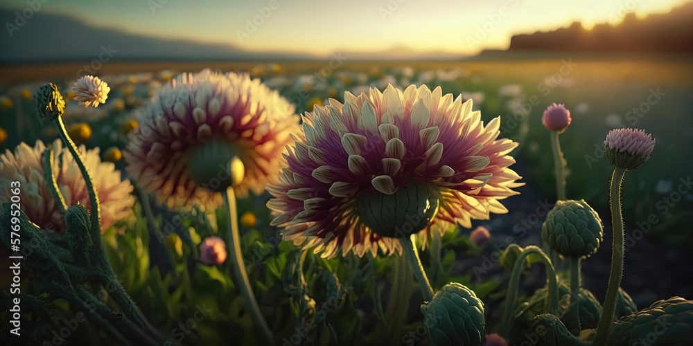 beautiful Dahlia flowers in a green field on a sunny day. Warm lighting. AI-Generated beautiful Dahlia flowers in a green field on a sunny day. Warm lighting. AI-Generated