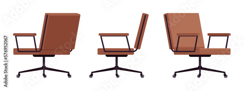 Desk rolling chair with armrest, meeting, executive furniture brown set. Sitting comfort for working, resting, waiting. Vector flat style cartoon home, office articles isolated on white background