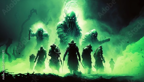 Fotografia Fantasy landscape with big green monster in the smoke