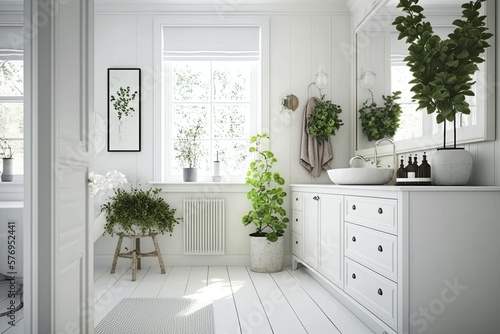 Clean, white bathroom with a few fresh flowers and some whitewashed wood accents. Generative AI © AkuAku