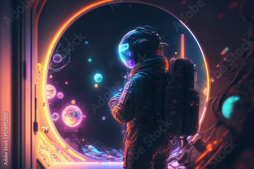 Astronaut in neon colors. Generative AI.