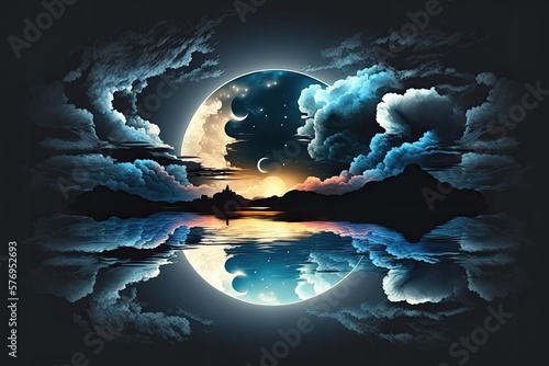 Subtly foreboding darkness in the background. Light mirrored in the ocean. Shadows, haze, and a full moon through billowing smoke. Landscape, river, and clouds are empty in the middle of the night