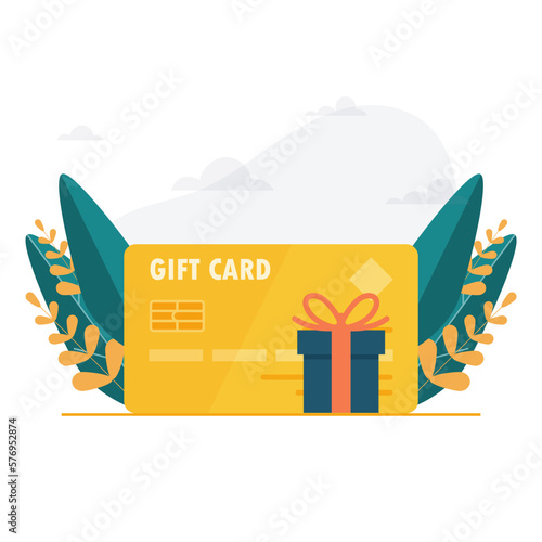 Gift card, loyalty program, earn points, redeem present box, more discount, perks concept, vector flat icon
