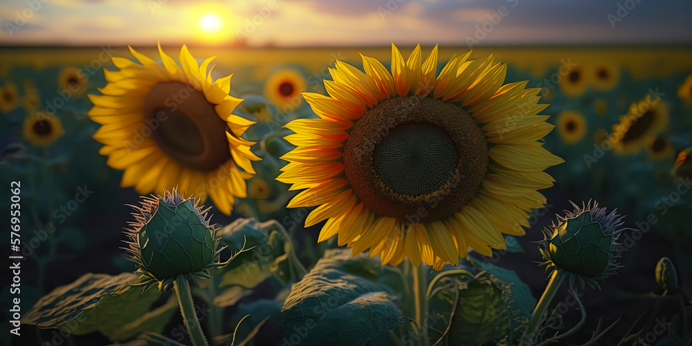 beautiful sunflowers in a green field on a sunny day. Warm lighting.