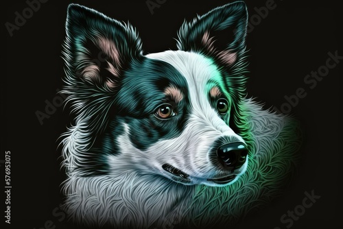 The dog, shown in oil on a dark backdrop, has blue eyes and is set against a green background. Generative AI © AkuAku