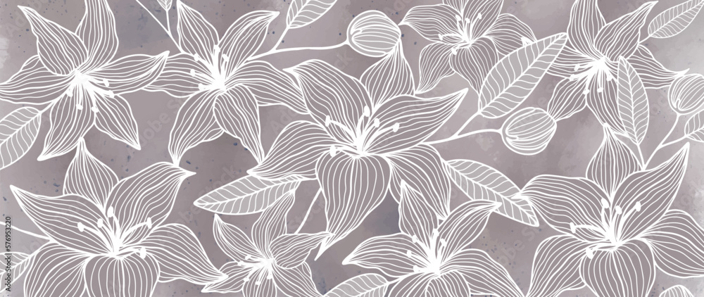 Beige vector botanical illustration with white lilies, branches, leaves and buds for decor, covers, backgrounds Beige vector botanical illustration with white lilies, branches, leaves and buds for decor, covers, backgrounds
