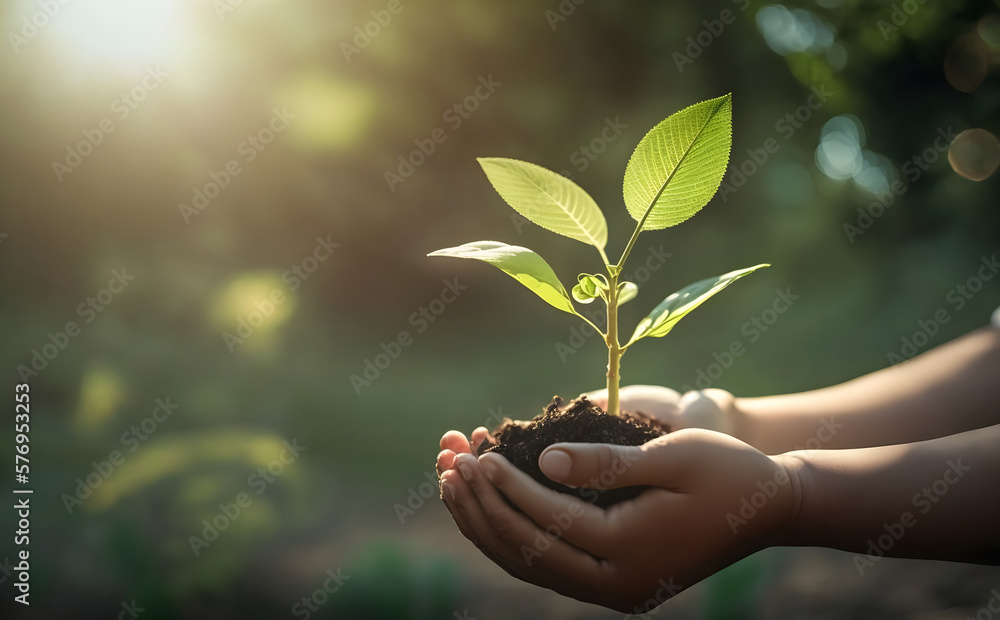 eco earth day concept. hand holding young plant in sunshine and green nature background - AI Generative - obrazy, fototapety, plakaty 