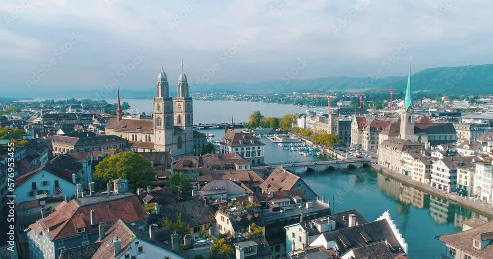 aerial church zurich switzerland sweeping over city reformation history grossmunster