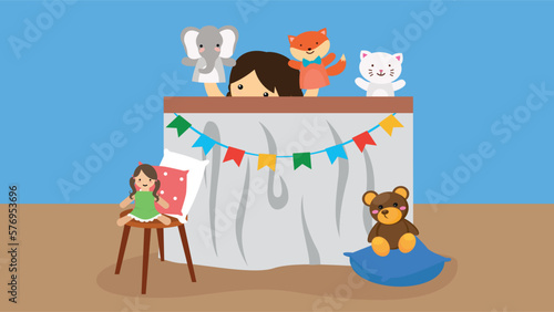 Children play in the children s room with toys. Vector illustration.
