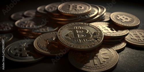 Shiny physical bitcoins background. Blockchain technology.
