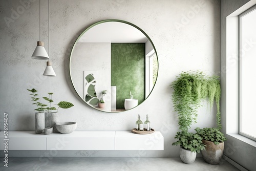 A concrete vanity sits on a wooden shelf, while other fixtures include a round mirror, a potted plant, and a framed bathroom mirror. To satirize. Generative AI