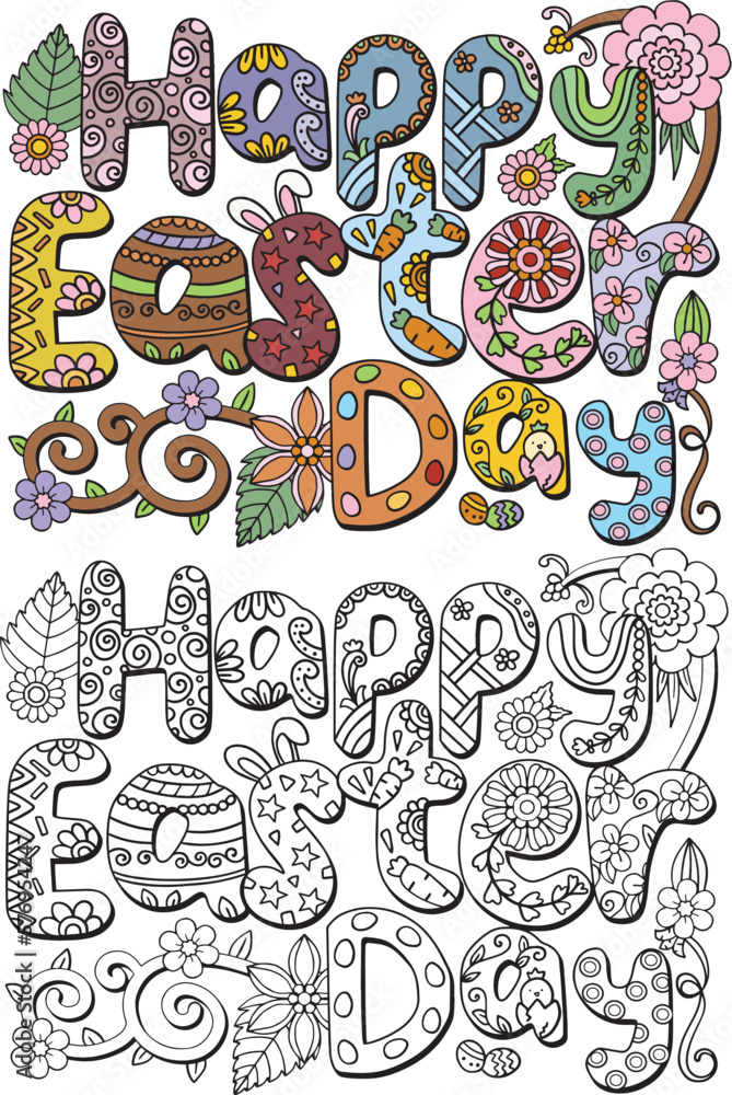 Happy Easter day. Flowers frame and eggs element for Easter day. Hand drawn with black and white lines. Coloring for adults and kids. Vector Illustration.
