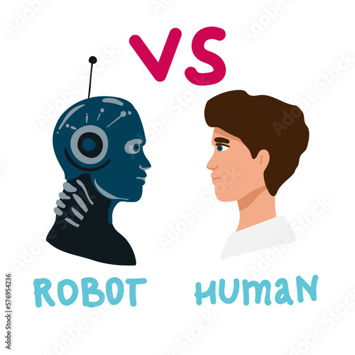 Vector cartoon style illustration of human aggressive businessman vs robot confrontation arm wrestling. Modern technology concept