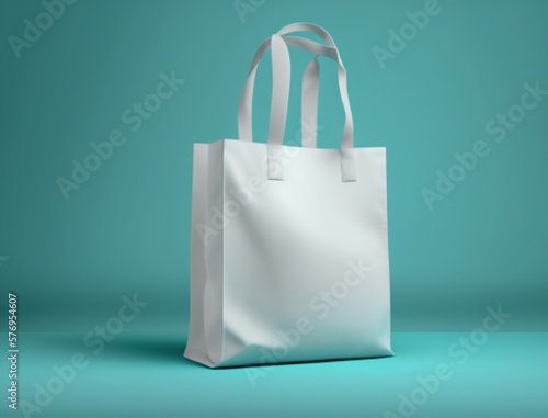 Empty white tote bag mockup isolated on cyan light blue background, blank realistic sopping sac sample cut out concept for design, studio shot generative Ai