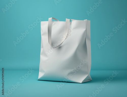 Empty white tote bag mockup isolated on cyan light blue background, blank realistic sopping sac sample cut out concept for design, studio shot generative Ai