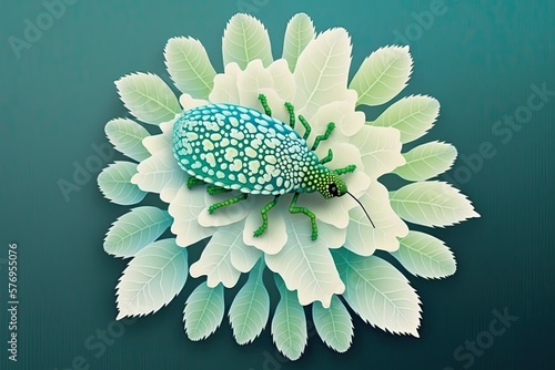 Copy space upper left, top view of a chrysanthemum lace bug relaxing on a leaf. Generative AI photo