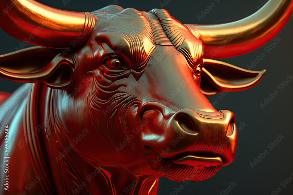 Financial bull market symbolized by a close up of a bull sculpture. attention on the eyes, narrow depth of field. Generative AI