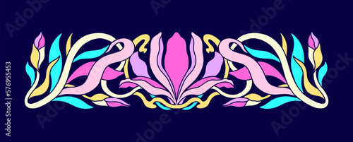 Floral iris flower in art nouveau border 1920-1930. Hand drawn style with weaves of lines, leaves and flowers
