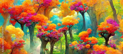 Enchanting ancient fantasy forest woodland meadow  bright vivid spring season colors  green mossy grass  vibrant flowers in bloom  ancient tall trees - high detail generative ai.