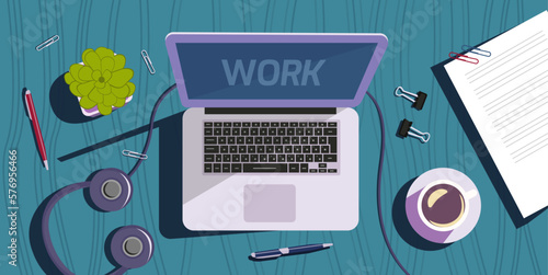 Top view of workspace with laptop, stationery, coffee cup and plant on a wooden table concept illustration