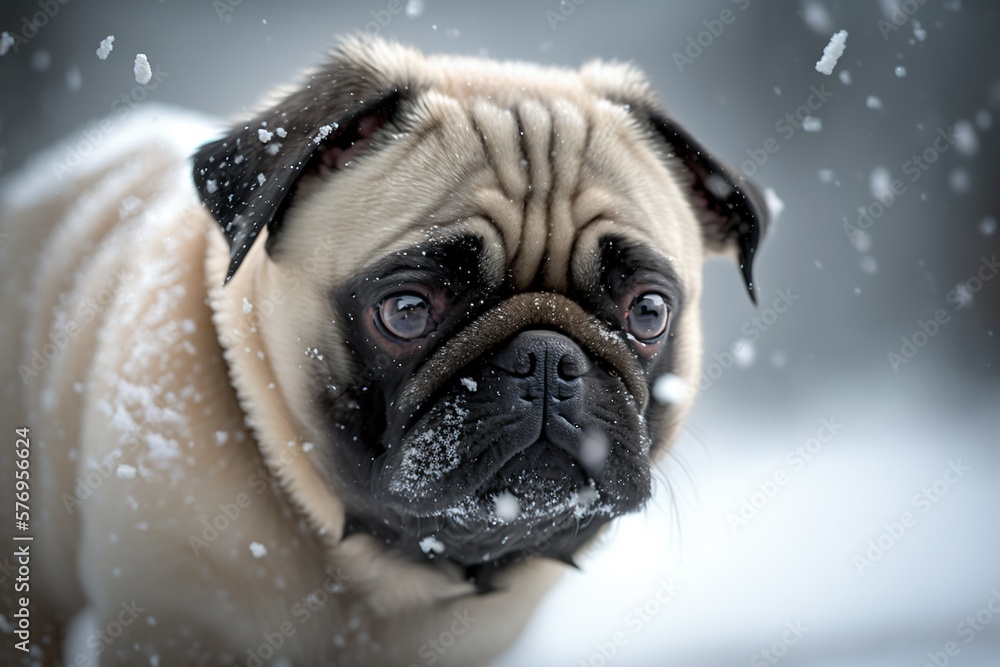 pug puppy in a snow